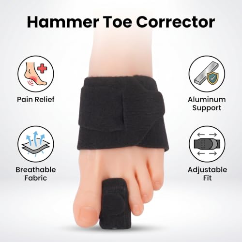 Hammer Toe Corrector for Men & Women, Adjustable Toe Straightener with Touch Fastener & Iron Support Plate, Pain Relief for Curled, Bent, or Overlapping Toes, Fits Most Footwear (Black, 1 Pack)