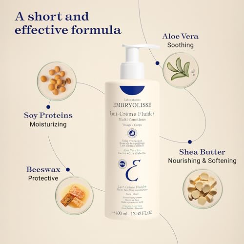Embryolisse Lait-Crème Fluid+ Face & Body Cream, Multi-Use Lightweight Moisturizer with Shea Butter & Aloe Vera. Fast Absorbing, For All Skin Types 13.52 Fl Oz
