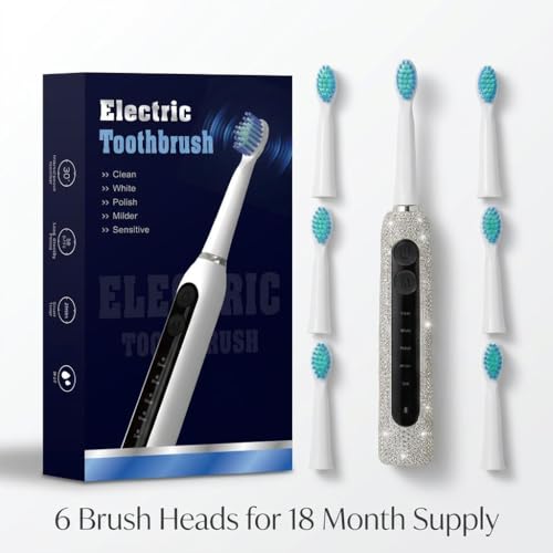 Diamond Sonic Electric Toothbrush Bling Rechargeable Toothbrushes for Adults with 6 Brush Heads Vibrating Toothbrush-5 Modes, USB-C Fast Charge,2Min Smart Timer,IPX7 Waterproof(White) White