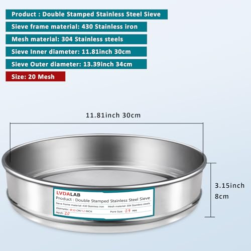 304 Stainless Steel Lab Sieve Screen Mesh, 20 Mesh (0.9mm) Aperture Test Sieve, 12Inch(30cm) Diameter Economy Standard Analysis Sample Test Sieves for Industrial Laboratory Homes 20Mesh(0.9mm)/Ф12in/30cm