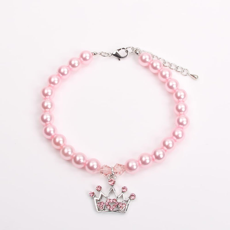 Dog Cat Pearls Necklace Collar with Rhinestones Crown Charm Pendant Pet Puppy Jewelry (L, Pink) L - BeesActive Australia