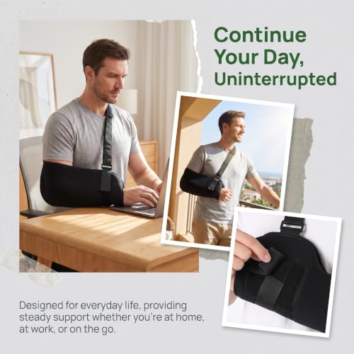 Elbow Immobilizer Arm Sling with L-Shaped Aluminum Support Plates, Breathable Forearm Brace with Wide Padded Shoulder Strap, 5 Adjustable Straps for Fracture, Sprain, Post Surgery Recovery(Black-M) Black Medium
