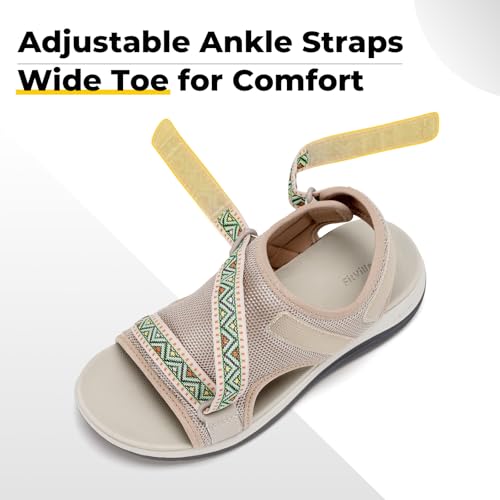 FitVille Women Wide Comfortable Sandals, Open Toe Flat Sandals for Women with Adjustable Back Strap, Orthopedic | Arch Support | Plantar Fasciitis | Swollen Feet 11 Wide Beige