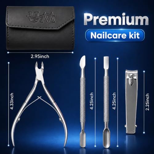UM Supplies Cuticle Remover Set, Professional Stainless Steel Cuticle Trimmer Kit with Cuticle Nipper, Cuticle Pusher, Nail Cleaner & Nail Clipper, Manicure Pedicure Grooming Tools with Travel Case 1/2 Jaw 14 (5mm)