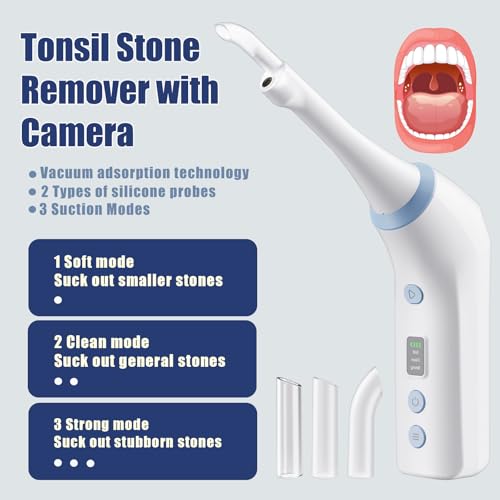 Electric Tonsil Stone Remover with Camera, 3 Suction Levels Vacuum Kit, USB Rechargeable Oral Care for Tonsil Stone Removal（White） White