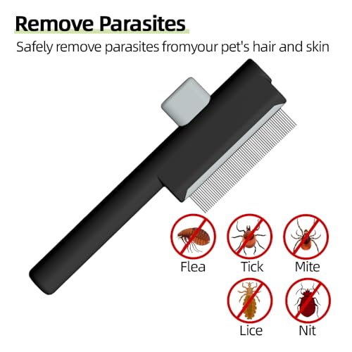 Marchul 2Pcs Pet Comb Flea Comb Set for Cats Dogs, Cat Grooming Brush with Release Button and Stainless Steel Round Teeth, Self-Cleaning Dog Combs for Removing Pet Hair, Knots & Loose Fur, Black Black Set