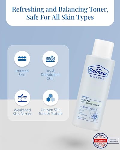 Dr. Belmeur Clean Face Mild Toner (4.9fl oz) - Soothing & Refreshing for Sensitive Skin. Korean Skin Care. Panthenol, Mint, Sage, Phytosphingosine.