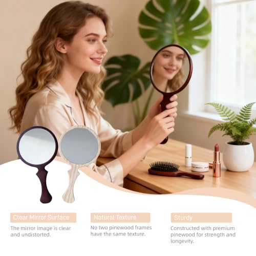Tumecos Wooden Hand Mirror, Round Handheld Mirror with Fish Tail Handle, Natural Pine Wood, Large & Small Size Options, Vanity Makeup Mirror with Non-Distortion Glass, for Home/Salon Gift, Large Walnut Brown 11"L x 5.7"W