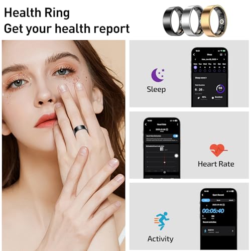 Smart Ring, Health Fitness Tracker with Heart Rate Blood Oxygen Monitor, Sleep & All-Day Sports Tracking, Long Battery Life Waterproof Wearable Ring for Men Women (Black, 7)