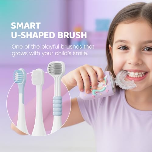Well Before Kids U Shaped Electric Toothbrush with 5 Brush Heads, Ultrasonic, 5 Modes, IPX7 Waterproof Design (Unicorn, Purple Ages 2-7) Unicorn - Purple