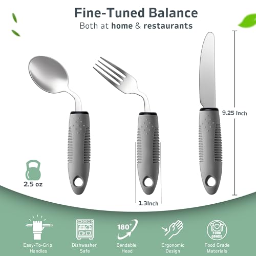 3-Piece Adaptive Utensils Set - 42° Angled Parkinsons Utensils, 2.5 oz Weighted Utensils for Tremors and Parkinsons Patients, Easy Grip Weighted Silverware for Hand Tremors (Right-Handed) Right-handed Grey – 3pcs (2.5 oz each)