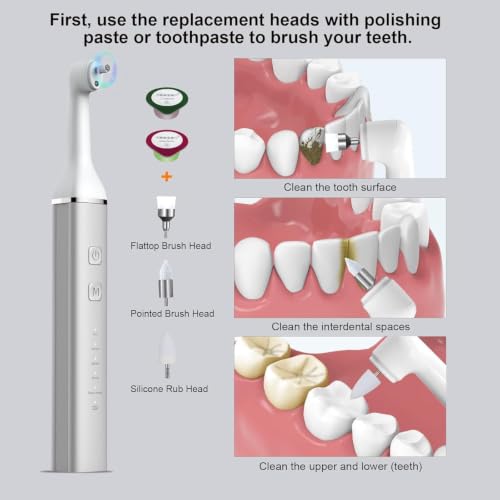 Tooth Polisher,Teeth Polishing Kit for Daily Cleaning,Polishing Then Whitening of Tooth (Professional Toothpaste Include),USB Rechargeable Dental Polisher with LED Light,6 Heads,5 Speed Modes White & Silver