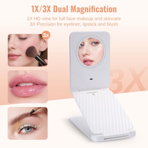 Travel Makeup Mirror with Lights, Rechargeable, 1X/3X Magnification, White