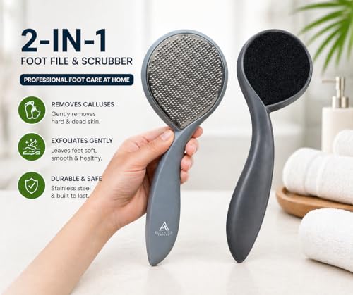 Foot Scrubber & File Callus Remover for Feet - Dual-Sided Stainless Steel Pedicure Tool for Cracked Heels, Dead Skin & Rough Skin - Wet or Dry Use, Men & Women