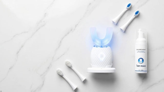 U-Shaped Electric Toothbrush for Adults, 360° Ultrasonic Cleaning with Foam Mousse, 4 Brush Heads, Blue LED Light, All-in-One Charging Base (White) White