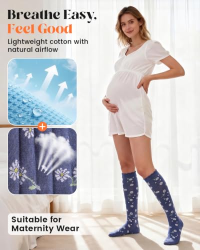 LEVSOX Cotton Compression Socks for Women Men 20-30 mmHg Knee High Cute Support Sock for Nurses Flying Pregnancy Small-Medium 4 Pairs-Floral