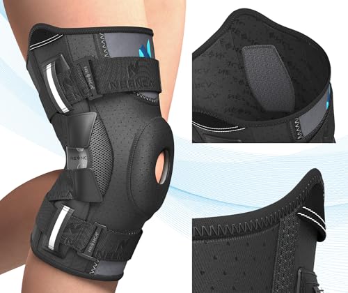 NEENCA Professional Knee Brace for Knee Pain, Hinged Knee Support with Patented X-Straps Fiting System, Strong Stability for Joint Pain Relief, Arthritis, Meniscus Tear, ACL, PCL, MCL, Sports, Workout X-Large Black-Single