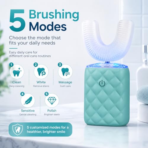 U Shaped Electric Toothbrush for Adults - Ultrasonic Automatic 360° Mouth Cleaning Toothbrush, Hands-Free Full Mouth Sonic Toothbrush with 5 Modes, IPX7 Waterproof Rechargeable (Turquoise)