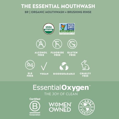 Essential Oxygen Certified BR Organic Brushing Rinse, All Natural Mouthwash for Whiter Teeth, Fresher Breath, and Happier Gums, Alcohol-Free Oral Care, Peppermint, 16 Ounce, Package may vary 16 Fl Oz (Pack of 1)