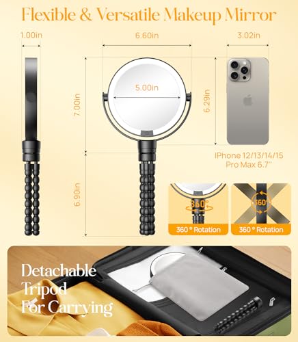 Gospire 5.85” Tripod Travel Makeup Mirror with Light and Magnification Black