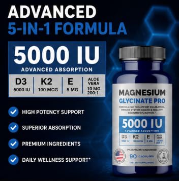 Magnesium Glycinate Pro, 90 Capsules | Vitamin D3 5000 IU, K2 MK-7, Vitamin E & Aloe Vera, Advanced Absorption for Relaxation, Immune & Cognitive Support