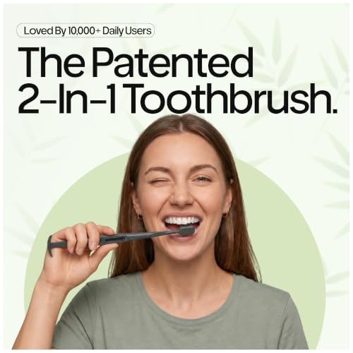 TOKII Tongue Scraper & Tongue Cleaner for Adults, 2-in-1 Toothbrush with Sliding Tongue Scraper, Charcoal Ultra Soft Bristles, Ayurvedic-Inspired, Includes Travel Toothbrush, Stand & Waterproof Pouch Black 1 Count (Pack of 1)