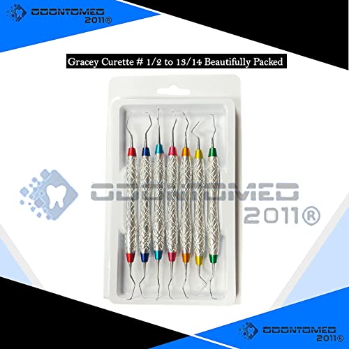 Set of 7 Gracey Periodontal Curettes 1/2-13/14 Double Ended Dual End Hollow Handle Color Coded & Chrome Plated Handle Dental Instruments with Protective Packing DN-2355