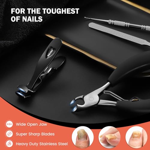 BEZOX Toenail Clipper Kit 4PCS Nail Care Set for Ingrown Toenails – Curved Head Toe Nail Clippers for Seniors for Thick Nails, Thick Fingernail Clippers, Long Nail File & Dual-Ended Lifter - Black Large