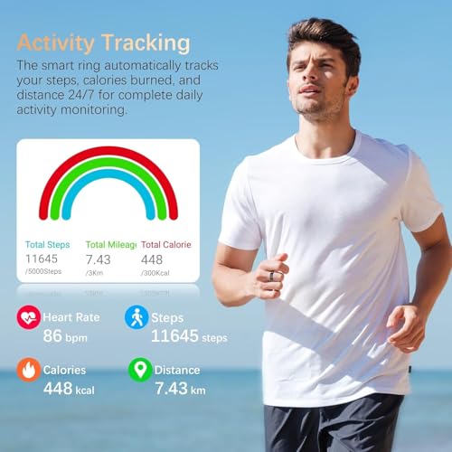 Fit Ring, Smart Health Rings for Women Men with Heart Rate,Blood Oxygen,HRV,Stress Level, Sleep Monitor, Step Tracker, No Subscription Fee, IP68 Waterproof Smart Ring for iphone &Android (Black, 12#) Black 12#