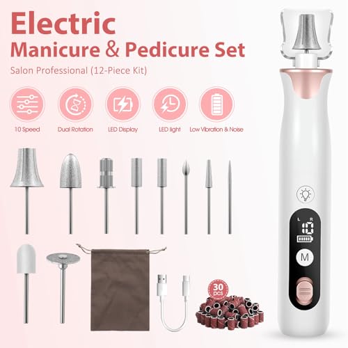 Haootadiy Electric Nail Drill File, Cordless Electric Nail Filer Buffer with Nail Drill Bits Sanding Bands Professional Manicure Pedicure Set for Nail Grind Trim Polish, for Women & Men