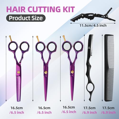 ETHTXE 9Pcs Professional Hair Scissors Set, Stainless Steel Barber Supplies 3-scissors set Purple