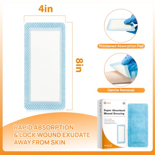 Carbou Super Absorbent Wound Dressing 4" x 8", 10 Pack, Non-Adhesive Pads 4"x 8"(Pack of 10)