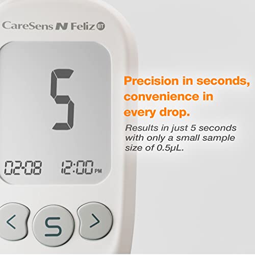 CareSens N Feliz Blood Glucose Monitoring Kit with 100 Blood Sugar Test Strips, 100 Lancets, 1 Blood Glucose Meter, 1 Lancing Device, 1 Control Solution, Travel Case for Diabetes Testing Kit for Personal Use