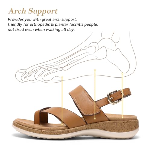 Littleplum Women's Orthopedic Arch Support Sandals Comfortable Thong Flip Flops Adjustable Ankle Strap Open Toe Walking Flat Sandals 8 Classic Brown
