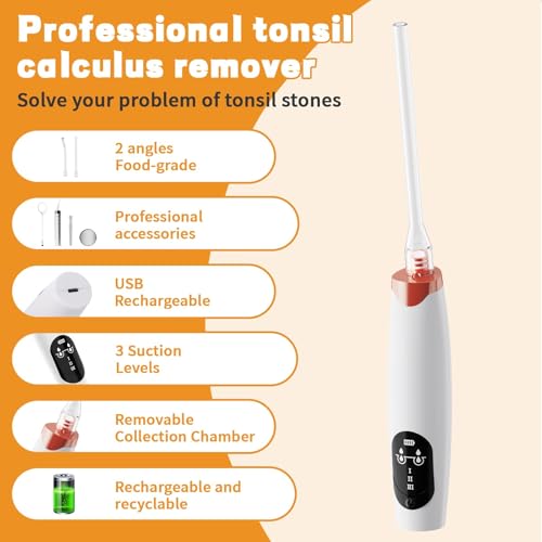 Electric Tonsil Stone Remover Vacuum，Tonsil Stone Removal Kit, 5X Magnifying Glass & LED Light, with Cleaning Syringe, Tongue Depressor, Straight/Curved Glass Tubes, Painless Removal and Fresh Breath