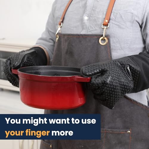 GEEKHOM BBQ Gloves Heat Resistant, 13.7 Inch Long Waterproof Silicone Oven Mitts for Grilling and Smoker, Non-Slip 5 Finger Kitchen Hot Mitts for Baking, Cooking & Cast Iron, Black Large