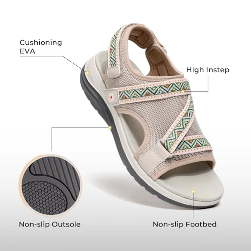 FitVille Women Wide Comfortable Sandals, Open Toe Flat Sandals for Women with Adjustable Back Strap, Orthopedic | Arch Support | Plantar Fasciitis | Swollen Feet 11 Wide Beige