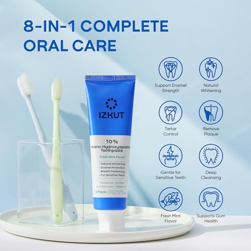 IZKUT 10% Nano Hydroxyapatite Toothpaste: Fluoride Free Natural Whitening Toothpaste for Sensitive Teeth, Enamel Support, Plaque Remover, SLS Free, Fresh Mint Flavor, Adults & Kids, 4 oz (Pack of 2)