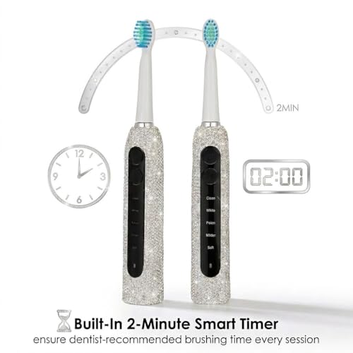 Diamond Sonic Electric Toothbrush Bling Rechargeable Toothbrushes for Adults with 6 Brush Heads Vibrating Toothbrush-5 Modes, USB-C Fast Charge,2Min Smart Timer,IPX7 Waterproof(White) White