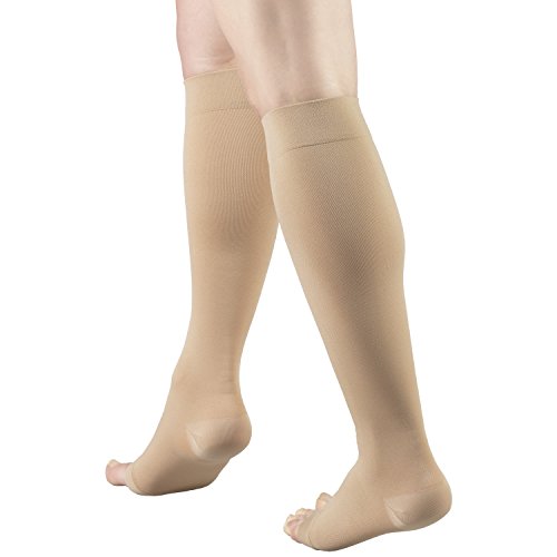 Truform Short Length Surgical Stockings, 18 mmHg Compression for Men and Women, Knee High Length, Open Toe Beige Medium (1 Pair)