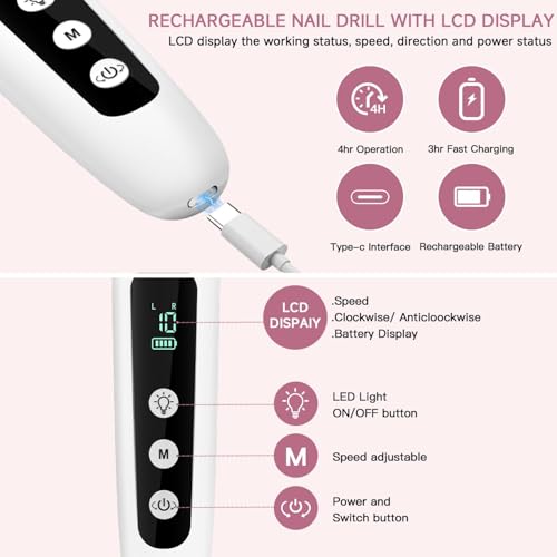 Electric Nail File Set, 9 in 1 Professional Manicure and Pedicure Kit, Cordless Nail Drill for Feet, LCD Display 10 Speeds Electric Nail Drill Machine, Hand Foot Care Tool 1 Pack