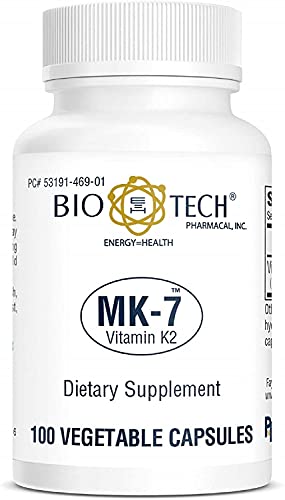 Bio-Tech Pharmacal MK-7 (Vitamin K2), 100 Vegetable Capsules – All-Natural Supplement – Supports Cardiovascular & Bone Health – No Dairy, Fish, Gluten, Peanut, Shellfish, GMOs, Kosher, Halal, & Soy –
