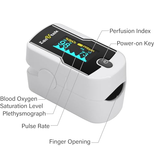 Zacurate 500E-B Wireless Bluetooth Fingertip Blood Pulse Oximeter Monitor with FREE App, SpO2, Heart Rate, Plethysmograph, and Perfusion Index Finger Oxygen Sensor Meter