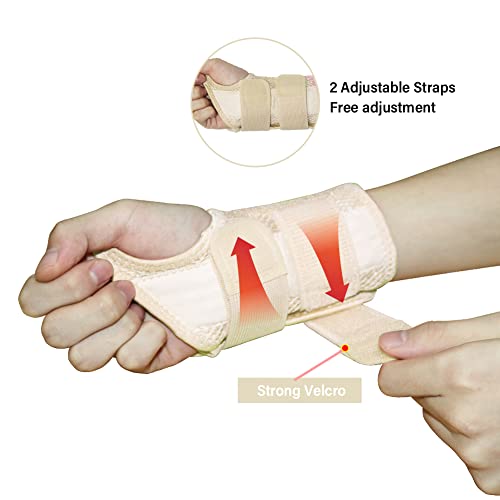 HYCOPROT Adjustable Wrist Supports Brace with 2 Metal Straps for Men and Women-Breathable Carpal Tunnel Wrist Splint for Relieve Tendonitis, Arthritis, Sprains S/M-Left and Right Hand (Pack of 2) Beige
