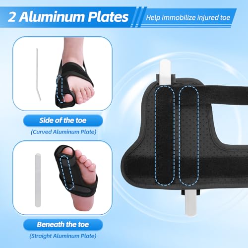 Broken Big Toe Brace Splint, Turf Toe Brace Support for fracture, Broken, Sprains, Arthritis, Women & Men, with 2 Removable Metal Plates - Black Left