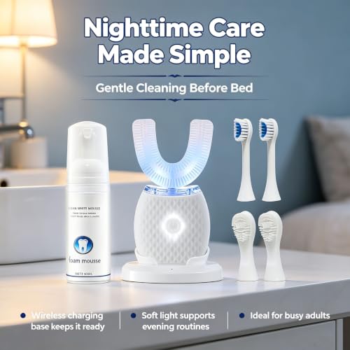 U-Shaped Electric Toothbrush for Adults, 360° Hands-Free Sonic Teeth Cleaner Kit with 4 Brush Heads, 60ml Foam Mousse, LED Light & Wireless Charging Base, Automatic Ultrasonic Toothbrush, White