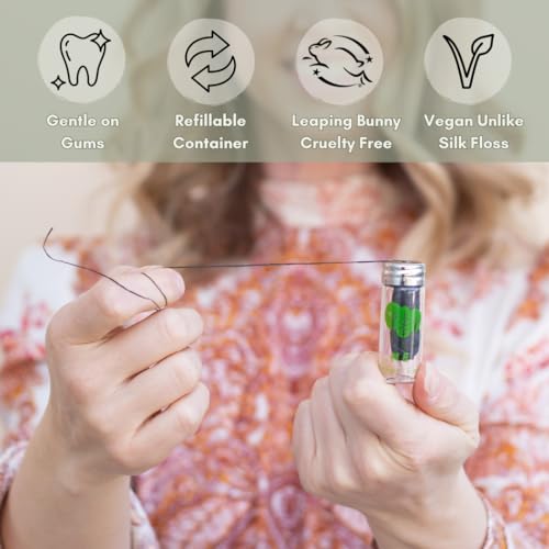 Vegan Biodegradable Bamboo Charcoal Dental Floss with Refillable Glass Container and Dental Floss Refill, 30M x4 | Peppermint Essential Oil | Eco Friendly | Zero Waste Oral Care