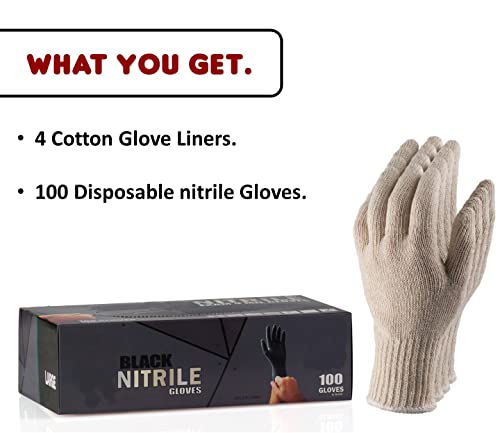 Nechtik BBQ Gloves 4 Cotton Glove Liners and 100 Disposable Gloves Washable Cotton Liners Powder Latex Free Nitrile Gloves Large