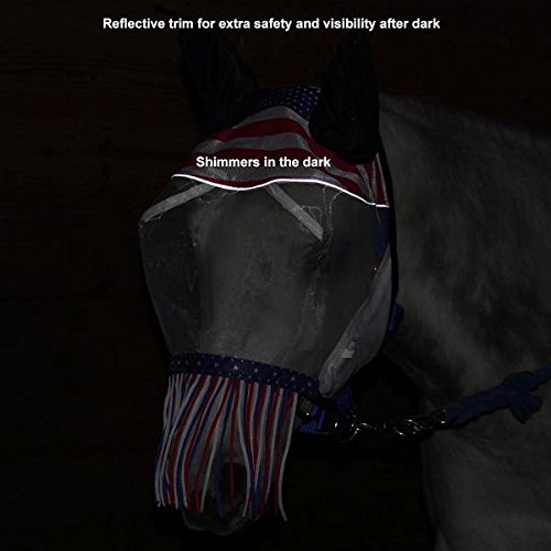 Derby Originals Patriotic Reflective Safety Horse Fly Mask with Ears and Nose Cover Fringes,Full Horse (Large) Full Horse (Large) - BeesActive Australia