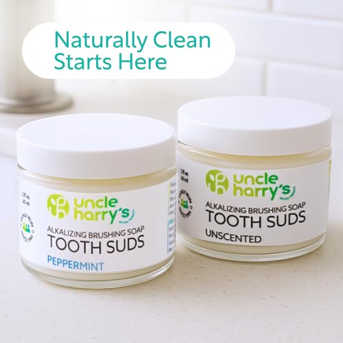 Uncle Harry's Non-Abrasive Unscented Brushing Soap Tooth Suds | Natural Remineralizing Toothpaste Freshens Breath & Promotes Enamel | Vegan Fluoride Free Toothpaste (2 oz) (Pack of 2) 2 Fl Oz (Pack of 2)
